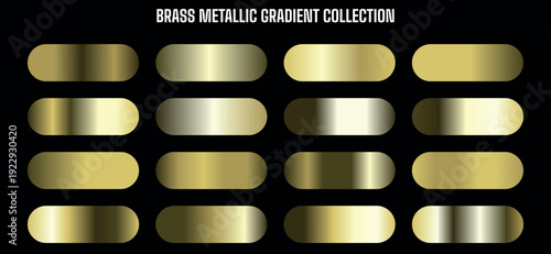 Vector brass metallic gradient collection, gold shiny texture swatches, golden metal background for UI, web, app, graphic design elements