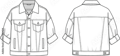 Classic denim jacket technical CAD drawing showing front and back views with button closure, chest pockets and rolled sleeves, outerwear cad drawing flat vector illustration