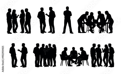 Silhouettes of groups standing and talking against dark background