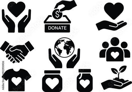 Black icons representing donation, charity, and helping hands on white background Keywords: donation, charity, helping, hands