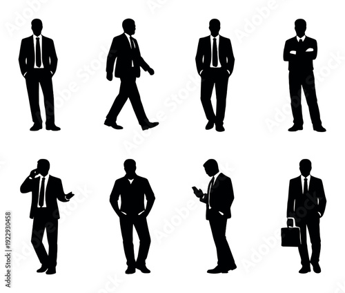Silhouettes of business people in various poses on dark background