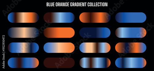 Vector blue and orange gradient swatches collection, smooth color transitions for UI, web, app, graphic design, background, banner, poster