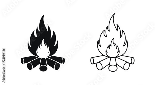 Two black and white illustrations depict burning campfires with logs