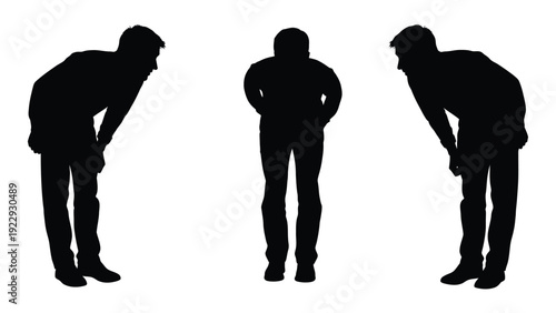Three silhouettes of men bowing or showing respect in a minimalist style