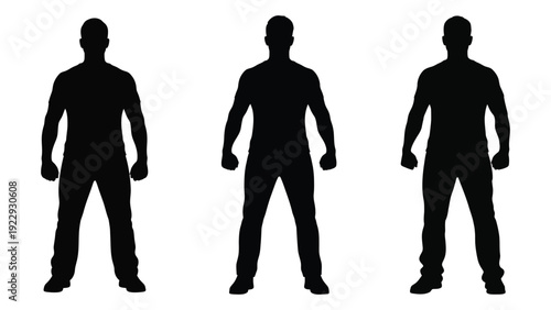 Three silhouetted figures of men standing in a row facing forward