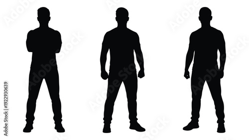 Three silhouetted figures of men standing with arms relaxed or crossed