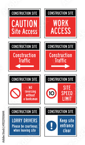 Construction Site Access and Traffic Signs Set – Work Access, Construction Traffic Arrows, Site Speed Limit, No Reversing Without Banksman, Lorry Drivers Notice, Entrance Safety Signage