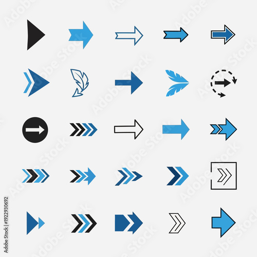 Extensive Collection of Blue and Black Arrow Direction Icons on Isolated White Background