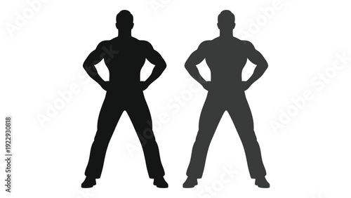 Two muscular men stand in silhouette hands on hips facing forward