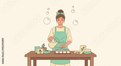 Woman making handmade soap, pouring liquid into molds, crafting process