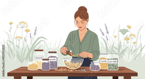 Woman making herbal remedies with dried flowers and herbs in jars