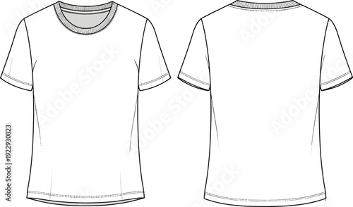 Classic crew neck t shirt CAD drawing flat vector illustration with front and back views technical apparel design template