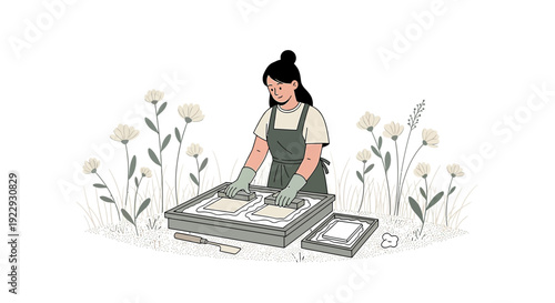 Woman Making Handmade Paper in Nature, Crafting, Eco-Friendly Art