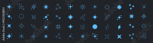 Vector set of glowing star and sparkle icons in a minimalistic style. Ideal for futuristic and creative digital projects, perfect for adding brightness to layouts and modern designs.