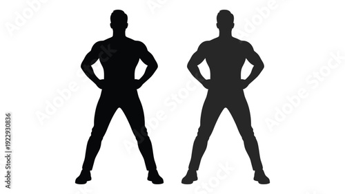 Two muscular men shown as silhouettes standing with hands on hips
