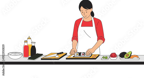 Woman Making Sushi Rolls, Japanese Cuisine Preparation, Healthy Food