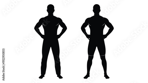 Silhouettes of two muscular men standing with hands on hips against a white background
