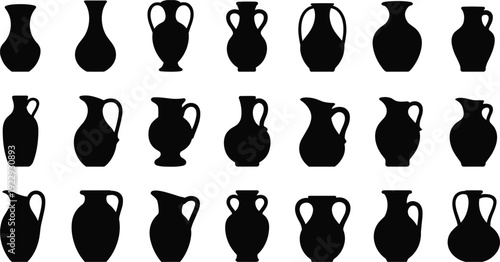 Collection of Black Silhouette Ancient Pottery Vases and Jugs vector illustration