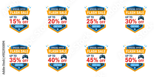 Collection of gaming badges with discount percentages displayed on a clean white background