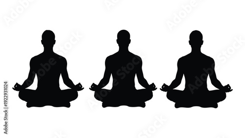 Three silhouettes of people meditating in the lotus position against a white background