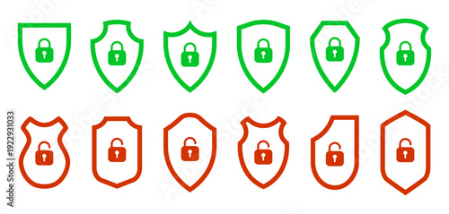 Set of shield icons with lock and unlock symbols in green and red outlines. Various shield shapes featuring padlocks, ideal for representing security, access control, and privacy in modern vector
