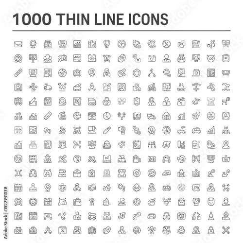 Large compilation of 1000 modern thin line icons for business and technology on isolated white background.