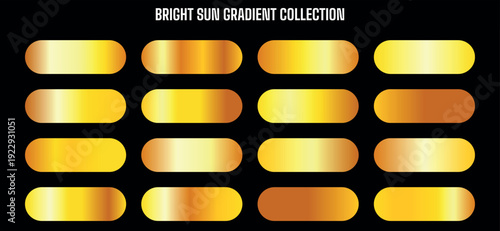 Vector bright sun gold gradient collection, metallic shiny yellow and orange color swatches, isolated on black