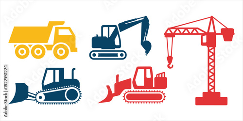 Construction Vehicle Silhouettes Dump Truck Excavator Crane Bulldozer And Loader On White Keywords: construction, vehicle, truck