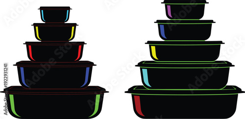 Stacked food storage containers with colorful rims, nested kitchen organization design, plastic boxes for cooking, household, pantry illustration