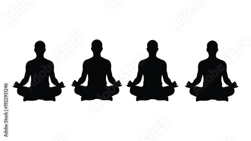 Four silhouetted figures are depicted in a lotus position suggesting meditation and mindfulness