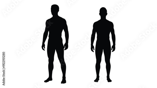 Silhouettes of two men facing forward depicted in a stark black and white style