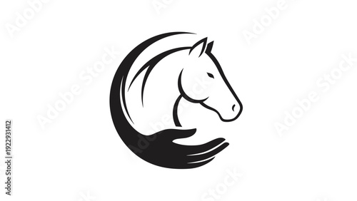 Horse Head Silhouette Supported by a Hand in a Protective Circle