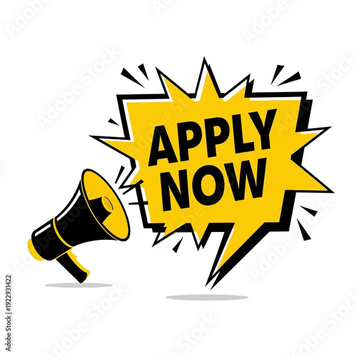 Megaphone announcing "Apply Now" in a yellow starburst speech bubble on an isolated white background.