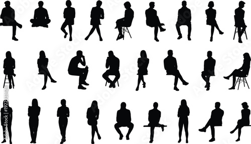 Diverse Group Of People Silhouettes Sitting And Standing In Various Poses On White Keywords: people, silhouette, group, standing