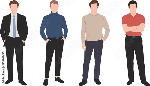 Male character outfit set with business suit, turtleneck sweater, casual pullover and polo shirt flat vector illustration isolated on background