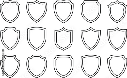 Collection of Blank Shield Shapes, Versatile Black Outline Vector Icons for Emblems and Badges