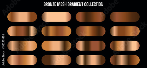 Bronze Mesh Gradient Vector Collection, Metallic Copper Color Swatches, UI UX Design Elements, isolated on black
