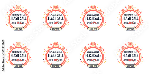 A promotional set of black sale labels with discount offers arranged in a grid layout for advertising purposes