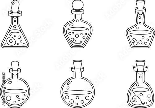 Six Vintage Potion Bottles, Outline Vector Illustrations of Mysterious Alchemy Flasks