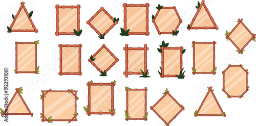 "Wooden framed geometric shapes with natural leaf decoration, educational polygon collection for geometry learning, eco-friendly design, classroom teaching resource"