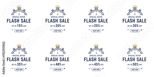 A set of eight identical sale labels with discount promotion advertising a flash sale with a graphic illustration