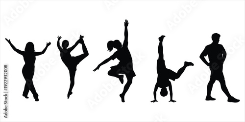 Group of diverse people silhouettes performing dance and acrobatic moves on white background Keywords: people, adults, children