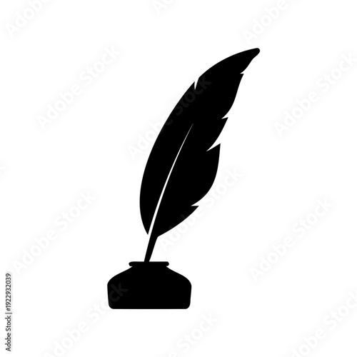 Black quill pen resting on a square inkwell base Vector, illustration