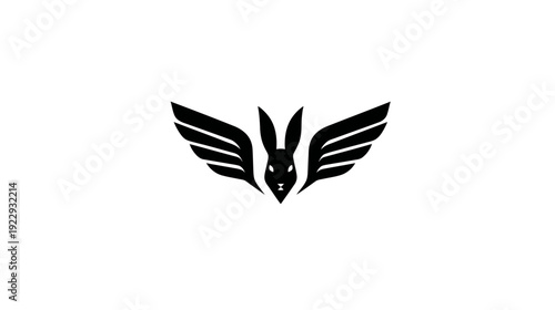 Sleek black winged rabbit icon, modern stylized bunny with wings graphic on clean white background