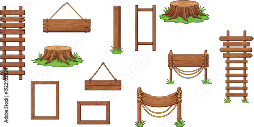 Wooden Game Assets Set with UI Buttons, Directional Signs, Empty Banners, Tree Stumps, Ladders, and Rustic Frames for Nature Themed Interface