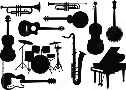 Canvas Print Silhouette collection of various musical instruments including guitars, violins,