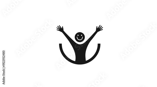 Happy person icon with arms raised, smiling and celebrating joy, freedom, success, and well-being. Positive emotional graphic.