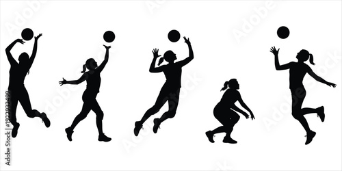 Silhouette Collection Of Women Playing Volleyball On White Background player woman