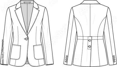 Classic womens blazer CAD drawing flat vector illustration with front and back views technical tailored apparel fashion design