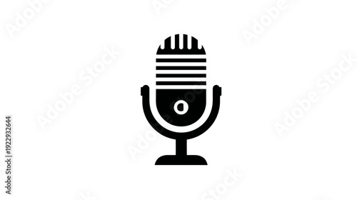 Vintage Microphone Icon. Black silhouette on white background for audio recording, podcasting, radio, broadcast, and communication.